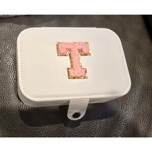 Travel Hard Top Jewelry Box W/ FUZZY Pink Initial "T" Compartments & Mirror Newj
